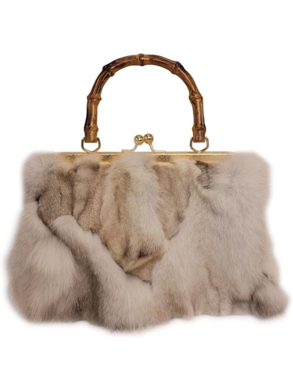 Vintage Real Fox Fur Handbag - Eco-Friendly Kisslock Purse with Bamboo Handle